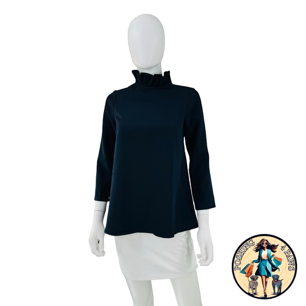 Tuckernuck NEW Navy Faye Preppy Bow Ruffle Collar 3/4 Sleeve Blouse Size XS - Picture 4 of 9